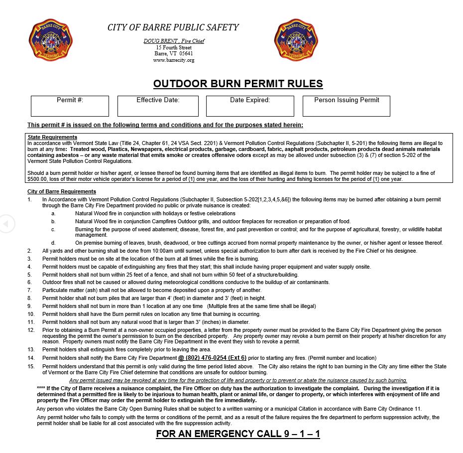 Outdoor Burn Permit Rules City of Barre